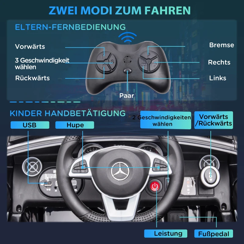 AIYAPLAY Kinder-Elektroauto, mit LED-Scheinwerfern, Sicherheitsgurt, Hupe, Musik, 3-5 km/h, schwarz, 107 x 62,5 x 44cm