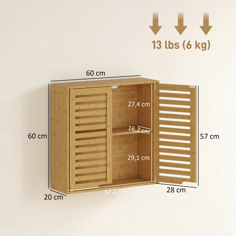 HOMCOM Armário de Parede de Bambu Móvel de Casa de Banho Suspenso com Prateleira Ajustável Portas de Ripas 60x20x60 cm Madeira