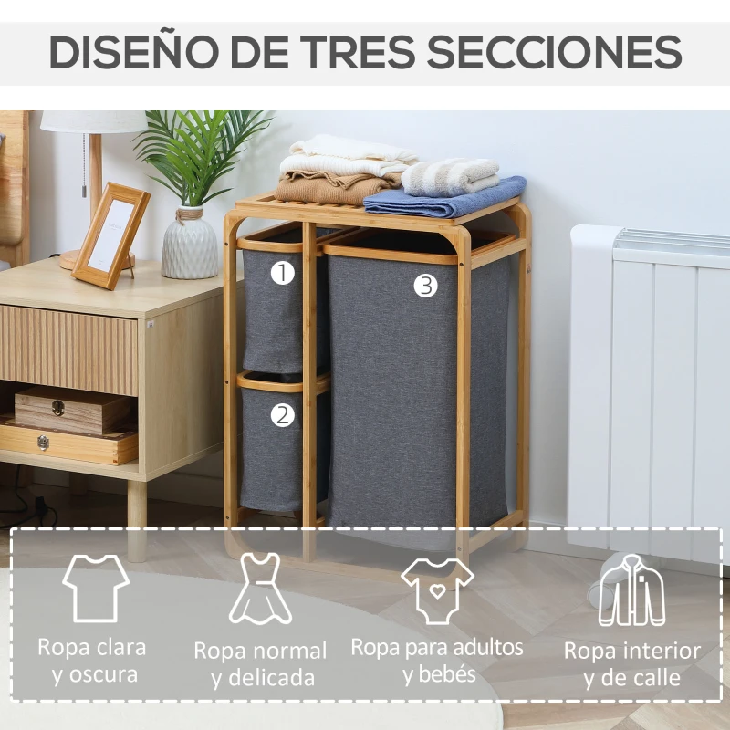 HOMCOM Cesto para Ropa Sucia de Bambú Cesta para la Colada con 3 Bolsas de Tela Extraíbles 50x32x69,7 cm Gris