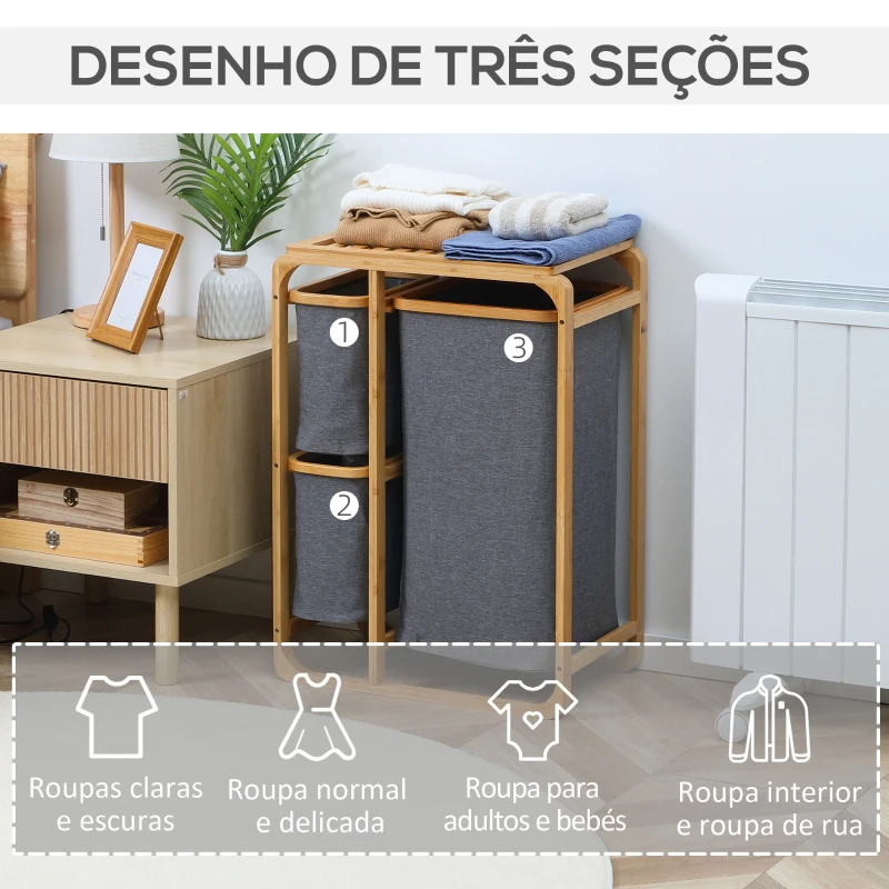 HOMCOM Cesto de Roupa de Bambu com 3 Bolsas de Tecido Amovíveis e Prateleira Aberta 50x32x69,7cm Cinza e Madeira