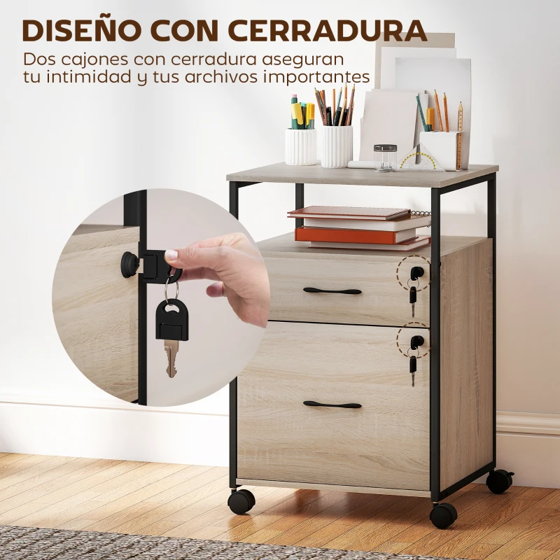 Vinsetto Cajonera de Oficina Cajonera para Escritorio con 2 Cajones y Ruedas para Tamaño Carta A4 44x40x66,5 cm Tono Madera