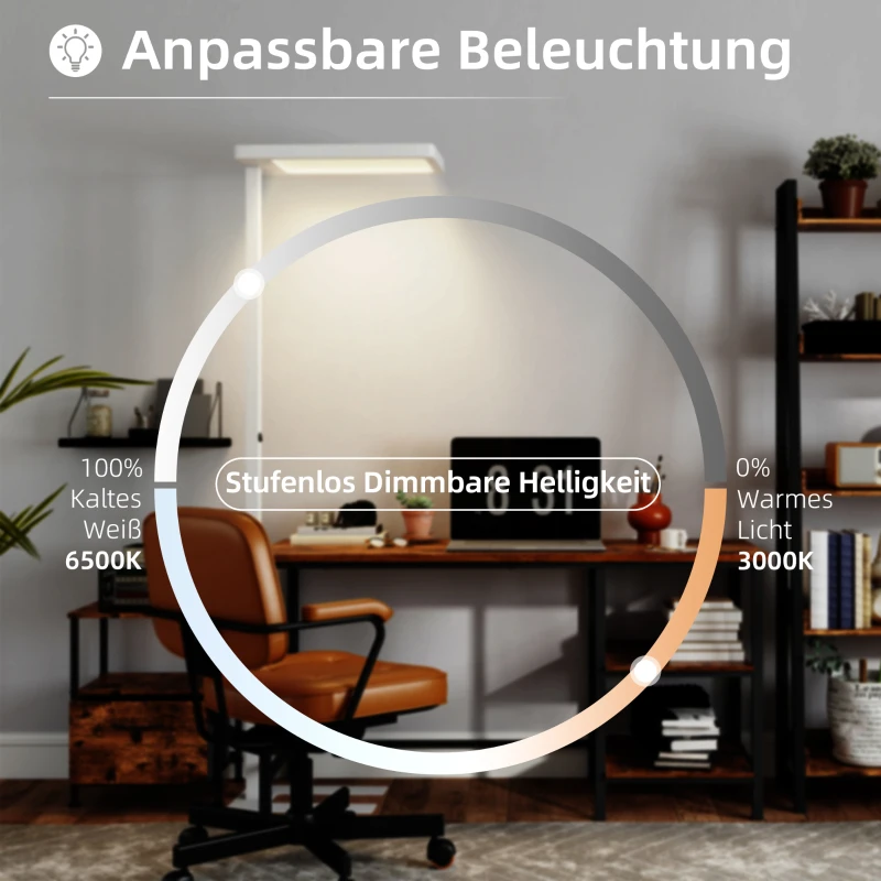 HOMCOM LED-Stehlampe, augenschonendes Licht, Bodenlampe mit Fernbedienung, anpassbare Helligkeit, Kunststoff, Metall, Weiß