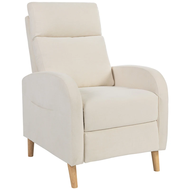 HOMCOM Poltrona Relax Reclinável Manual Estofada em Linho Sintético com Apoio para os Pés e Bolso Lateral 68x90x106 cm Creme