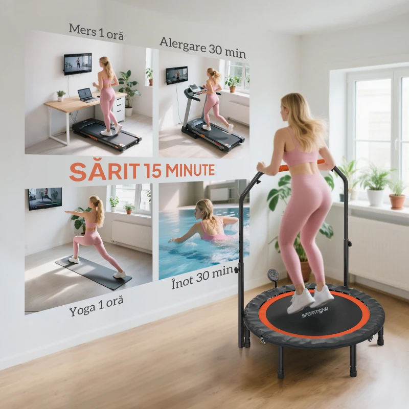 HOMCOM Trambulină Elastică Pliabilă cu Mâner Reglabil și Monitor LCD, Ø102x99-123 cm, Negru