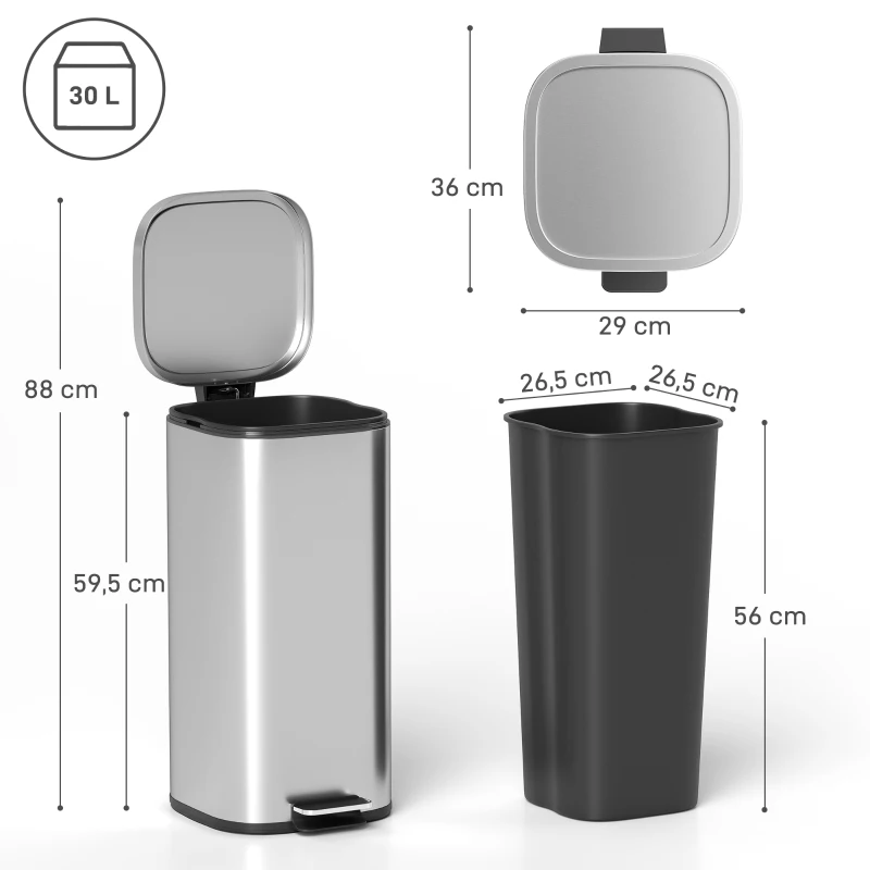 HOMCOM Poubelle cuisine 30L, poubelle à pédale avec seau intérieur amovible, couvercle à fermeture douce, 29x36x59,5cm, argent