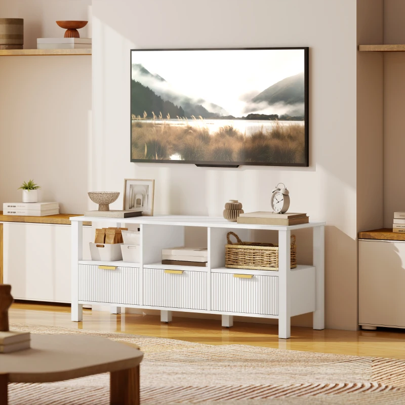 HOMCOM Móvel de TV Moderno com 3 Gavetas e 3 Prateleiras Abertas para Televisores de 43-55 Polegadas 120x39,5x50 cm Branco