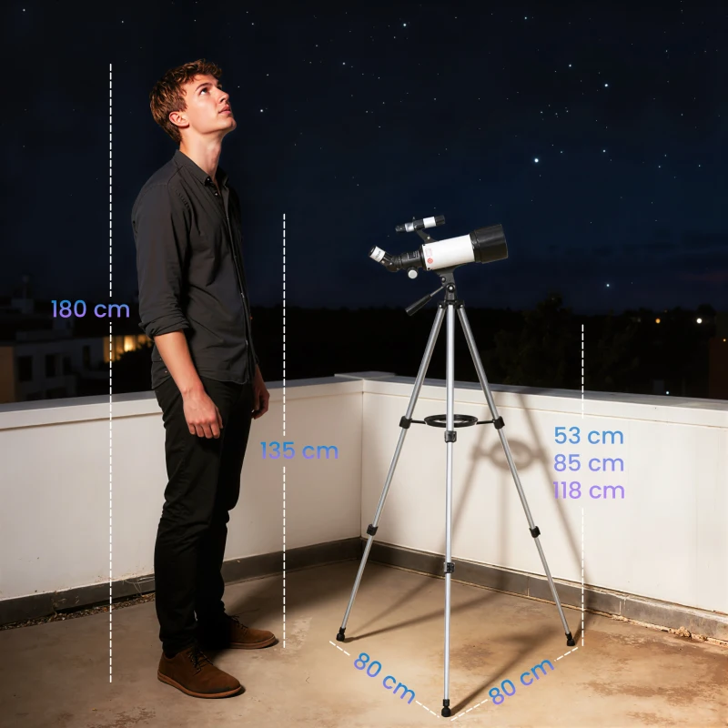 Outsunny Télescope astronomique 70 mm — 2 oculaires + adaptateur smartphone, 80 x 80 x 135 cm, blanc/noir