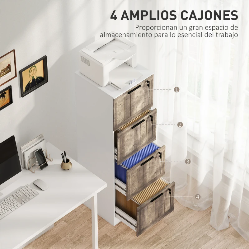 HOMCOM Cajonera de Escritorio con 4 Cajones Cerradura 2 Llaves Barras Colgantes para A4 Carta 39,4x40x129 cm Blanco y Madera