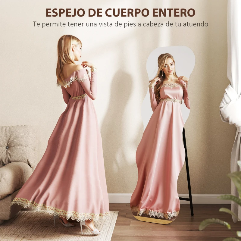 HOMCOM Espejo de Pie Cuerpo Entero sin Marco Espejo de Pie Forma Ondulada con Soporte y Base de Madera 50x2,7x160 cm Negro