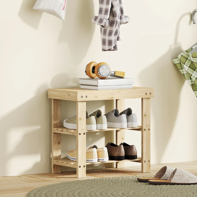 HOMCOM Bamboo Shoe Bench with 2 Shelves — Entryway Seat 20 x 11 x 18 in, Natural