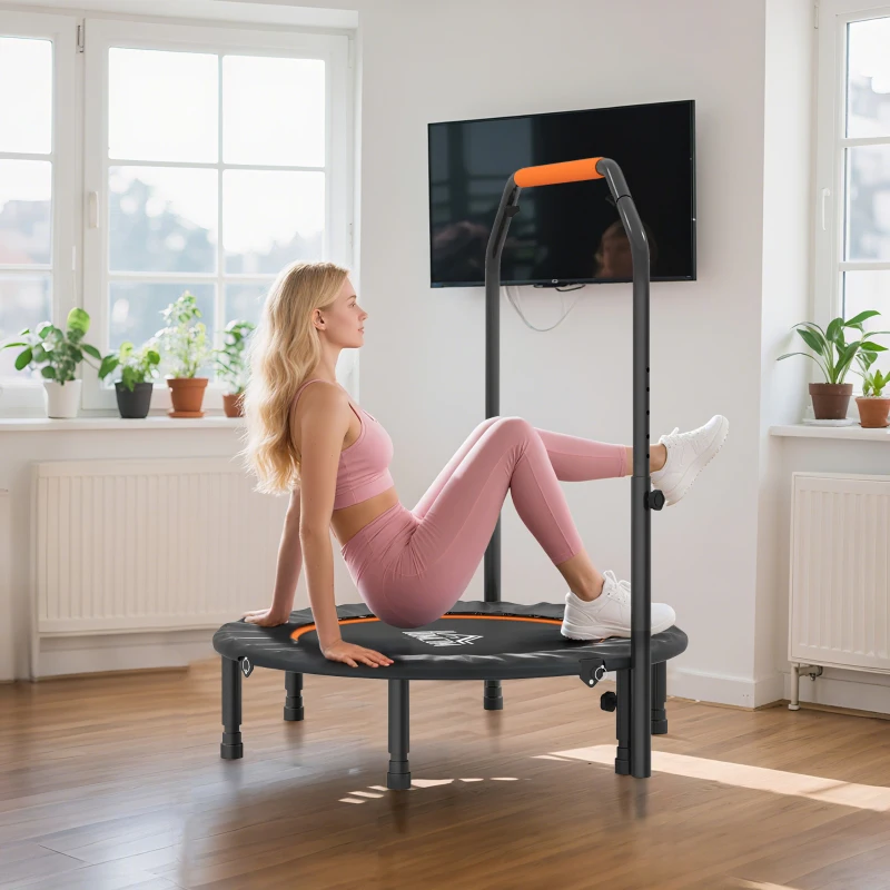 HOMCOM Cama Elástica Plegable Ø102 cm con Mango Ajustable Marco de Acero para Entrenamiento Piernas Cuerpo Negro y Naranja