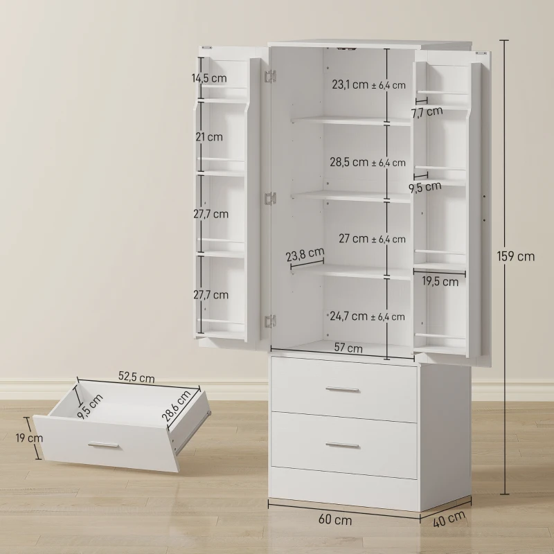 Aparador alto de cocina HOMCOM — 2 puertas, 2 cajones, 8 porta‑especias, estantes ajustables, blanco