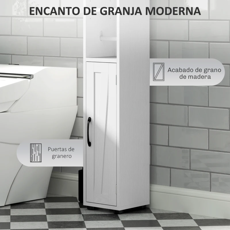 HOMCOM Columna de Baño con 2 Puertas Compartimento Abierto Estantes Ajustables y Portarrollos 20x20x185 cm Blanco