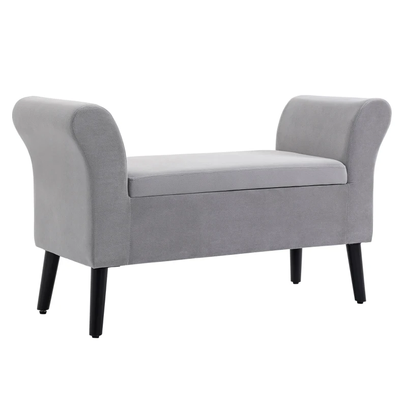 HOMCOM Banco de Almacenamiento con Tapa Abatible Reposabrazos y Patas de Madera para Salón 111,5x41x65 cm Gris Claro