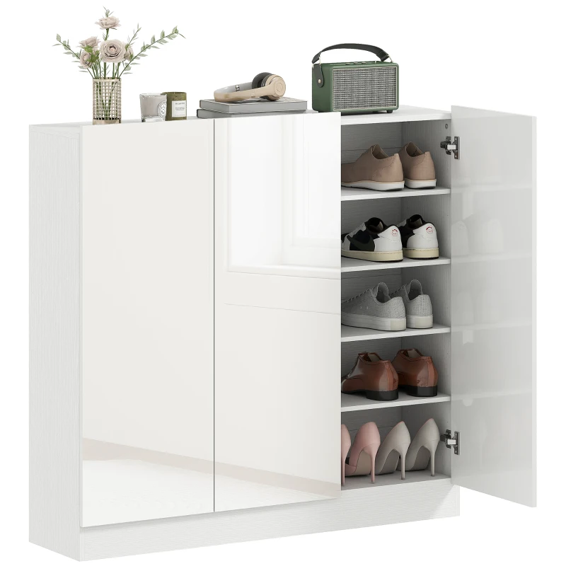 HOMCOM Scarpiera Slim da Ingresso per 25-30 Paia di Scarpe con Ante a Chiusura Ammortizzata, Bianco Lucido