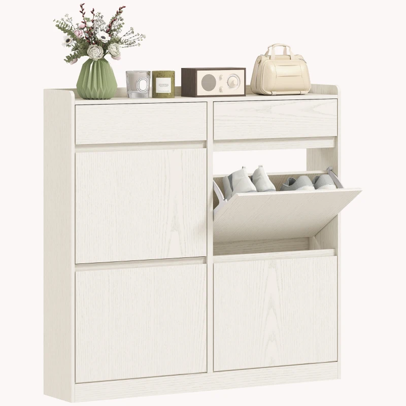 HOMCOM Zapatero Estrecho con 2 Cajones 4 Compartimentos Abatibles y Encimera 98x19,2x95,3 cm Blanco Veteado