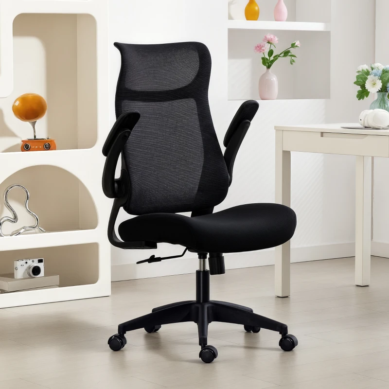 HOMCOM Cadeira de Escritório Ergonómica com Suporte Lombar e Apoios de Braços 3D Dobráveis Função de Basculante 64x65x108-118 cm Preto