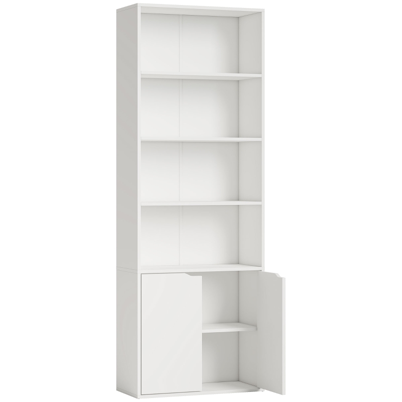 HOMCOM 6-Tier Tall Bookcase, Bookshelf with 4 Open Shelves and Double Door Storage Cabinet, Freestanding Display Rack for Living Room, Bedroom, Home Office, Study, 59 x 29 x 180cm, White