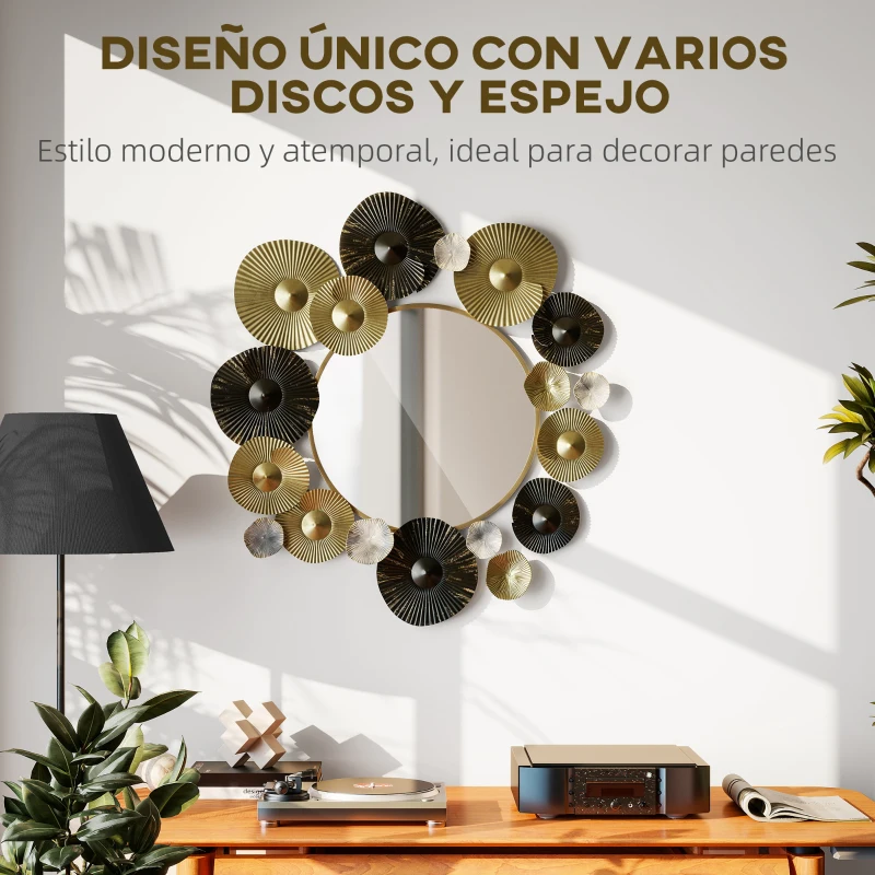 HOMCOM Adorno de Pared Metálico con Espejo Decorativo para Salón Dormitorio Pasillo 84x84 cm Dorado y Negro