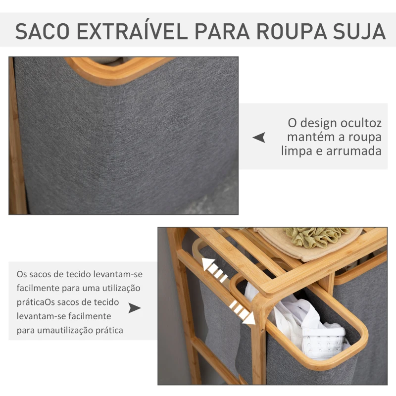 HOMCOM Cesto de Roupa de Bambu com 3 Bolsas de Tecido Amovíveis e Prateleira Aberta 50x32x69,7cm Cinza e Madeira