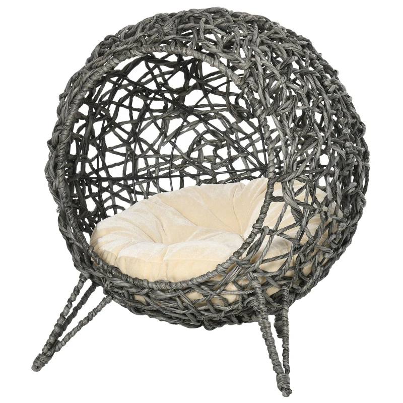 PawHut Coș pisică pat înălțat pisică cozi cuib confort pernă pufoasă inclusă rășină imitând răchita Ø 52 x 58H cm gri