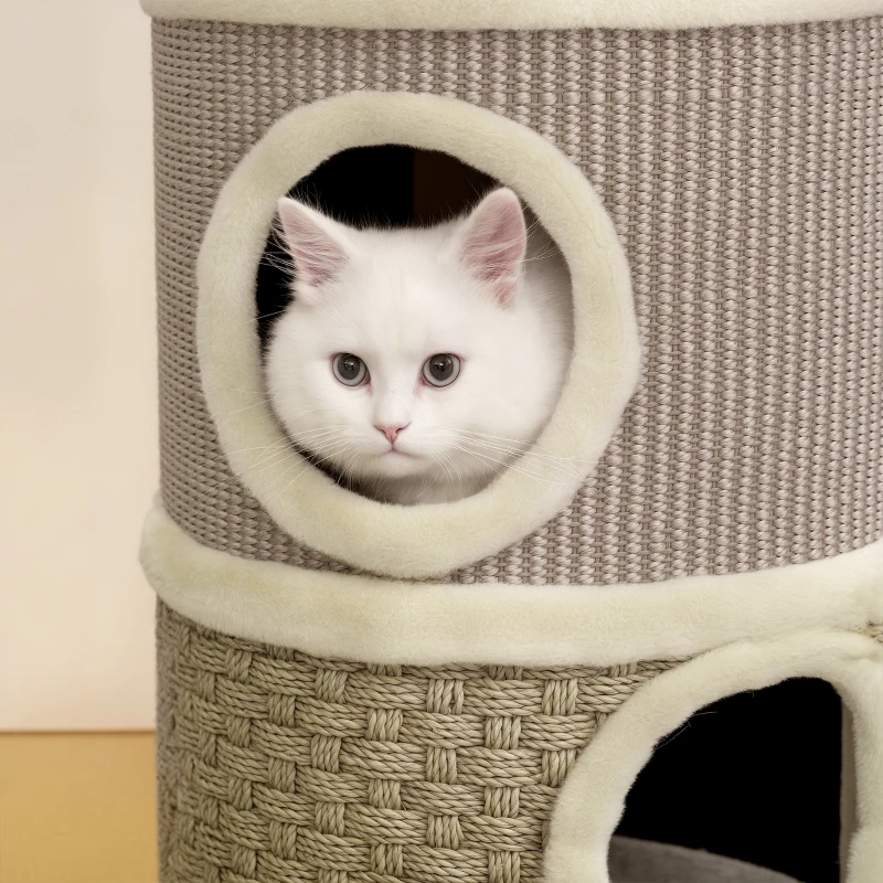PawHut Barril Rascador para Gatos de 2 Niveles Altura 49 cm Tonel de Escalada con Cama Cubierto de Sisal Caqui y Café