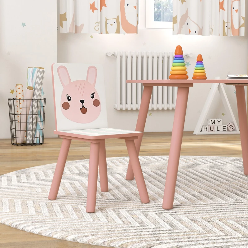 ZONEKIZ Kinderset van grenenhout, tafel met 2 stoelen, dierenmotief, kinderkamer, 3-8 jaar, roze