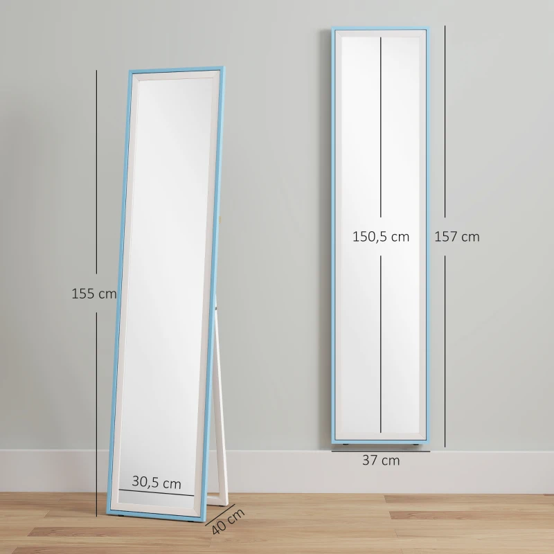 HOMCOM Espelho de Pé 157x37 cm com Moldura em MDF Espelho de Parede Retangular  com 2 Formas de Utilização Branco e Azul