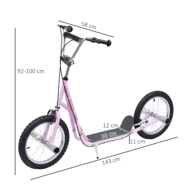 HOMCOM Trotinetă patinete Mari Roți pneumatice Ø 41 cm cu pegs Roz