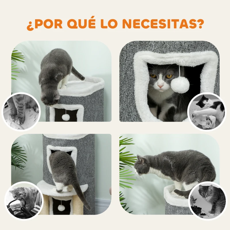 PawHut Árbol Rascador para Gatos Árbol para Gatos 76 cm con Cama 2 Cuevas Postes de Sisal Alfombra Bolas para Jugar Gris