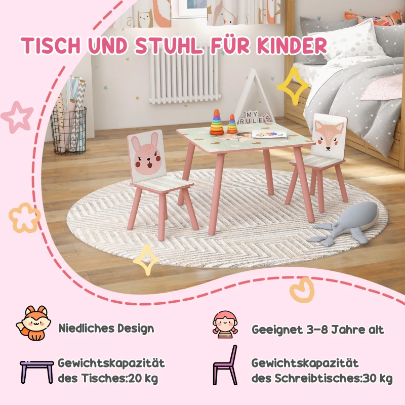ZONEKIZ Kinderset van grenenhout, tafel met 2 stoelen, dierenmotief, kinderkamer, 3-8 jaar, roze