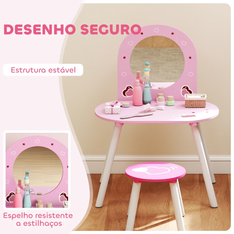 AIYAPLAY Toucador Infantil com Banco e Espelho Toucador para Meninas com Desenhos de Corações  60x43,5x83 cm  Rosa