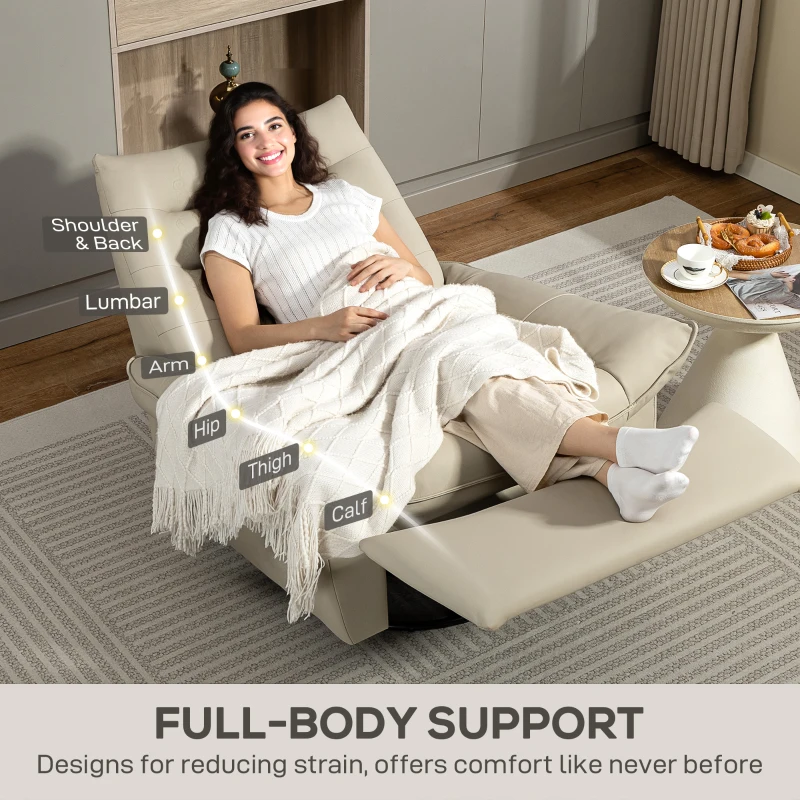 HOMCOM Sillón Relax Reclinable Giratorio Función Balancín Tapizado en PU Reposapiés Asiento Amplio Acolchado Grueso Crema