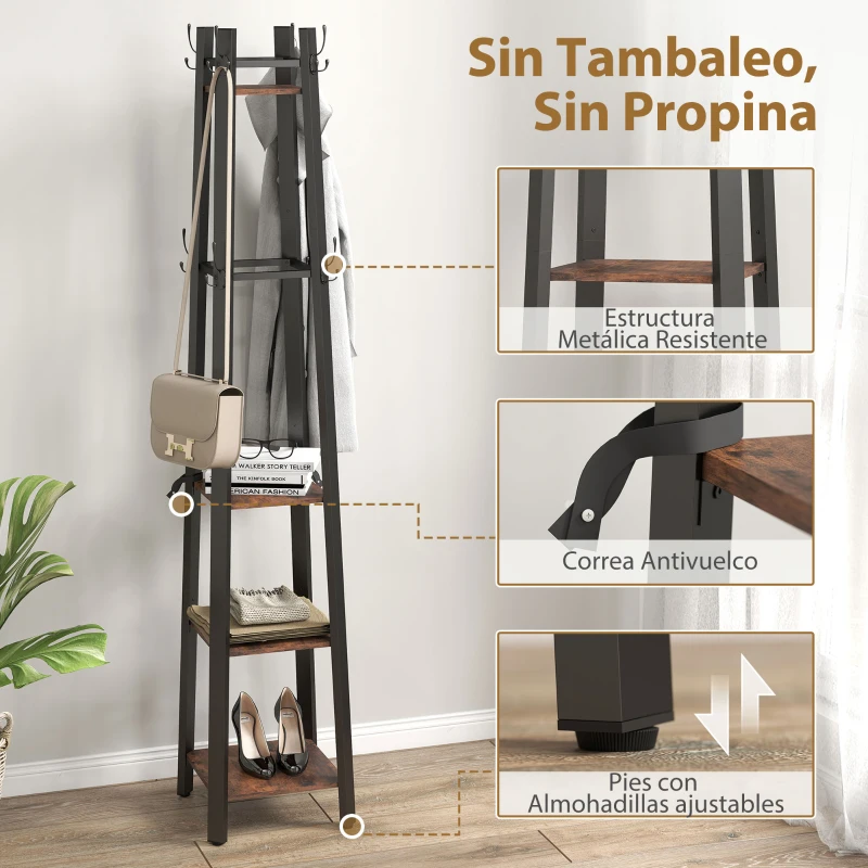 HOMCOM Perchero de Pie de 4 Niveles con 4 Estantes 8 Ganchos con Estructura Metálica para Colgar Ropa Sombrero Marrón Rústico
