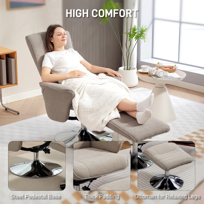 HOMCOM Swivel Recliner Chair with Footstool, Velvet Recliner Armchair with Ottoman, Steel Base, Upholstered Reclining Chair for Living Room, Bedroom, Office, Beige