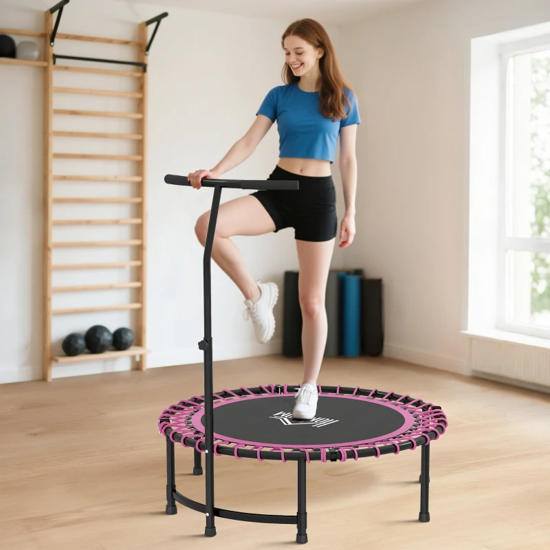HOMCOM 45" Foldable Mini Trampoline Silent Rebounder Indoor Outdoor Jumper with Adjustable Handle - Pink