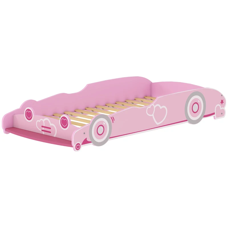 AIYAPLAY Letto per Bambini 70x140 cm con Sponda Anti-caduta e Rete a Doghe Testiera a Forma di Auto Rosa