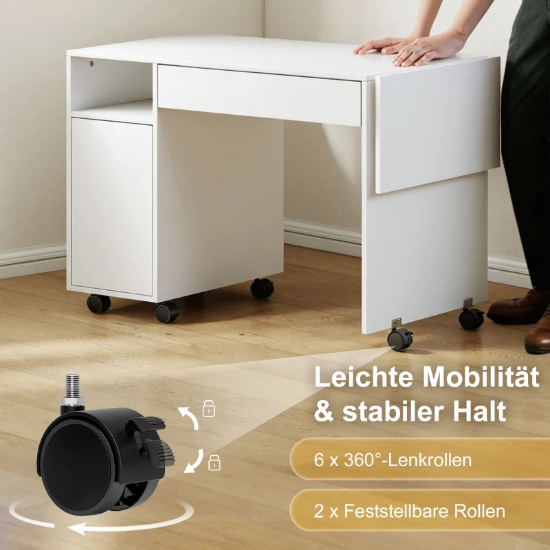 HOMCOM Mobiel computerbureau, inklapbaar bureau met kast en lade, spaanplaat, wit