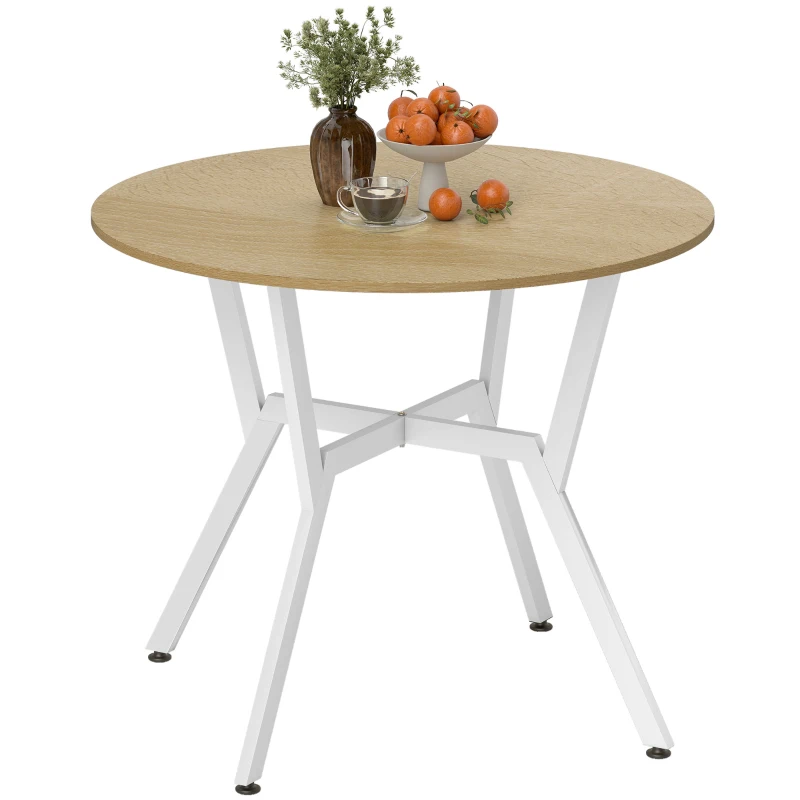 HOMCOM Mesa de Refeição Redonda Mesa de Jantar Estilo Industrial com Bancada de Madeira e Estrutura de Aço Ø90x76 cm Madeira e Branco