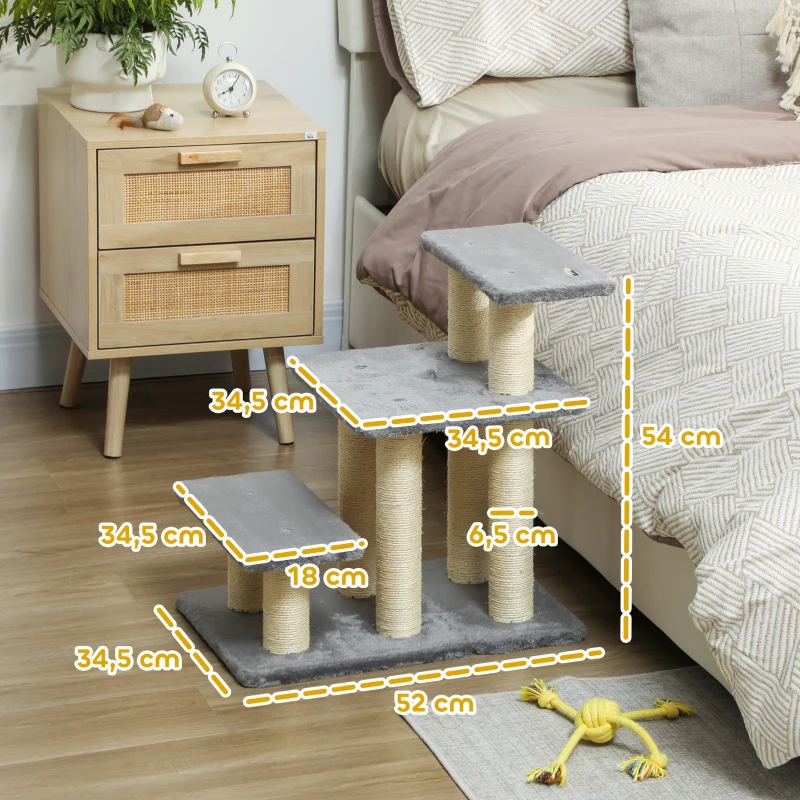 PawHut Escalera para Gatos de 3 Peldaños Altura Ajustable con Postes Rascadores y Bola Colgante Carga 10 kg 52x34,5x54 cm Gris