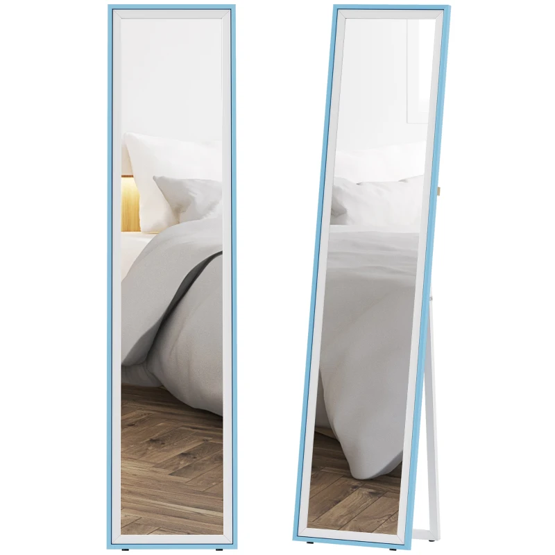 HOMCOM Espelho de Pé 157x37 cm com Moldura em MDF Espelho de Parede Retangular  com 2 Formas de Utilização Branco e Azul