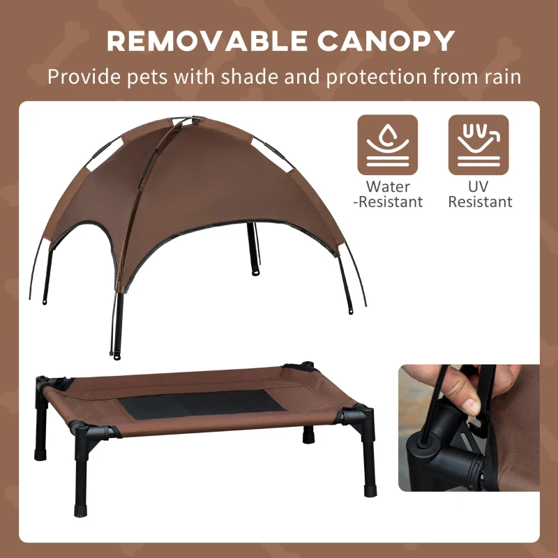 PawHut Pat înălțat pentru câini cu baldachin, pat pentru animale de companie, pat pentru câini de exterior cu acoperiș, respirabil, material textil pentru camping Cafea 76 x 61 x 73 cm