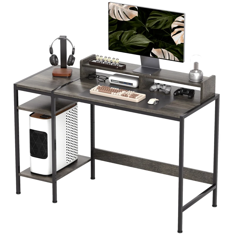 HOMCOM Mesa de Escritorio con Estantes Laterales Soporte para Monitor Ajustable y Estructura Móvil 120x48x85,5 cm Gris Carbón