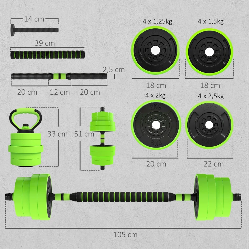 SPORTNOW Juego de Mancuernas Ajustables 30 kg 4 en 1 como Kettlebell Barra Mancuernas Soporte para Flexiones para Gimnasio Casa