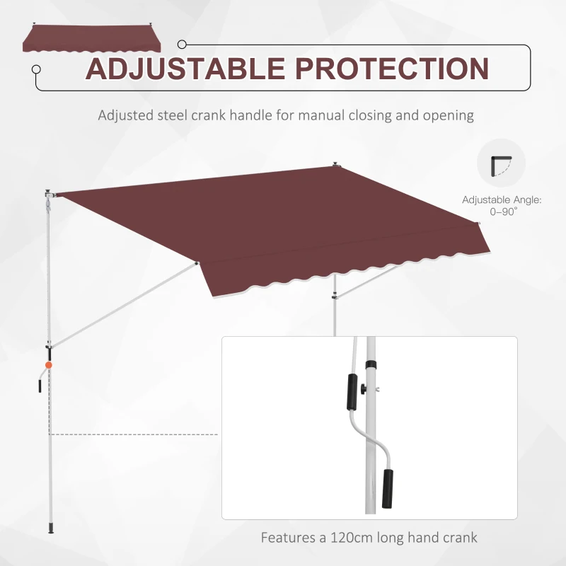 Outsunny Copertină manual retractabilă 3L x 1,5m, înălțime ajustabilă,material din poliester anti-UV, Roșu