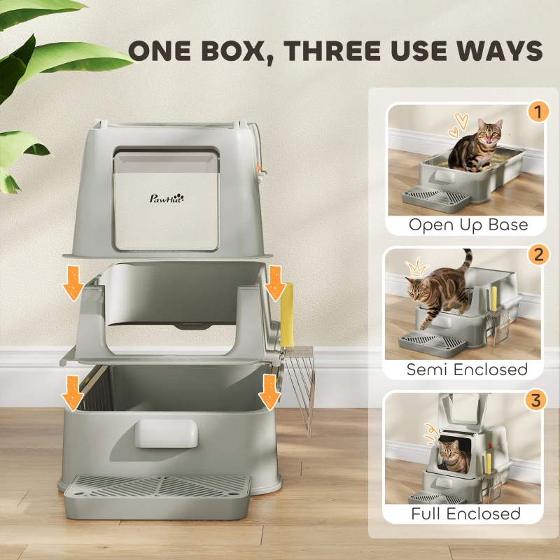 PawHut Lettiera per Gatti Chiusa da 80L con Vassoio Estraibile, in ABS e Acciaio Inox, 63x43x43 cm, Grigio Chiaro
