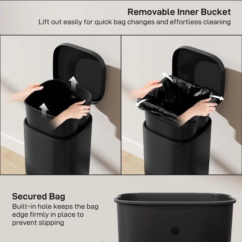 HOMCOM 30L Kitchen Bin, Compact Pedal Bin with Soft-Close and Stay-Open Lid, Removable Bucket for Kitchen, Home, Office, Black