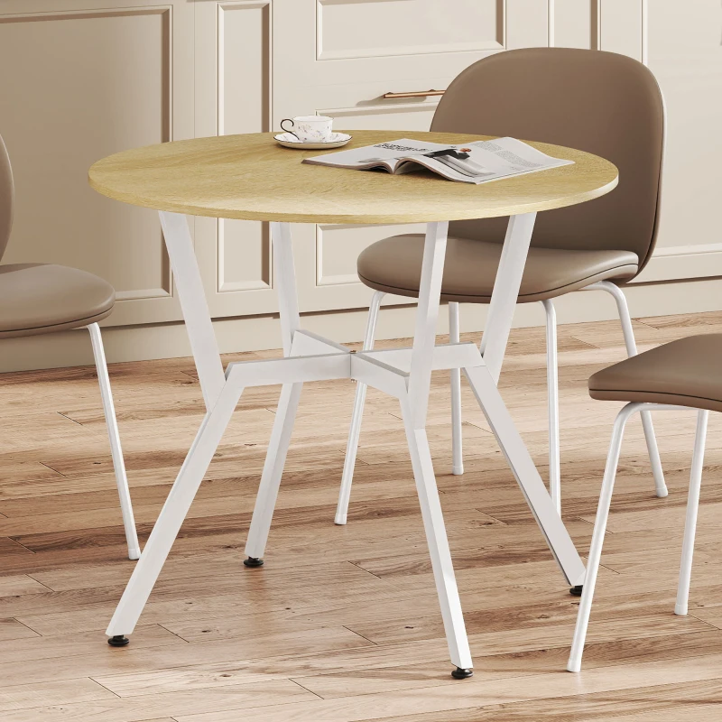 HOMCOM Mesa de Refeição Redonda Mesa de Jantar Estilo Industrial com Bancada de Madeira e Estrutura de Aço Ø90x76 cm Madeira e Branco