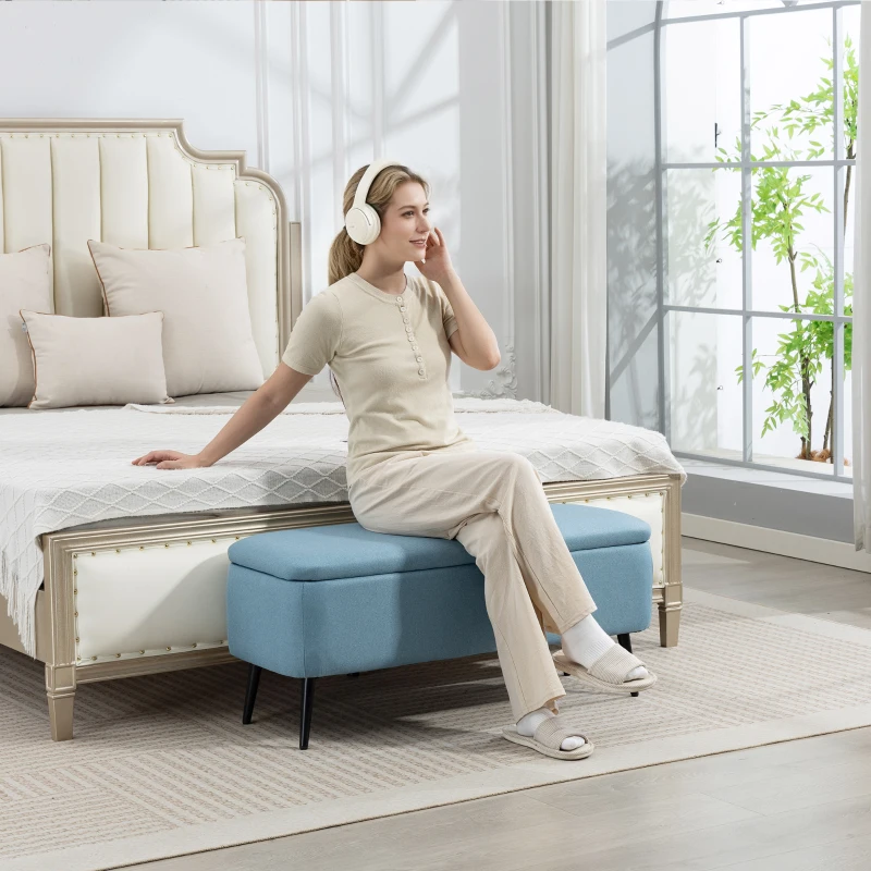 HOMCOM Aufbewahrungsbank mit klappbarem Deckel und Stahlbeinen für Schlafzimmer Wohnzimmer Flur 101x38,5x44,5 cm Hellblau