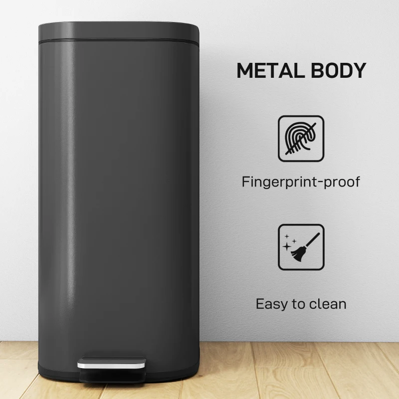 HOMCOM 30L Kitchen Bin, Compact Pedal Bin with Soft-Close and Stay-Open Lid, Removable Bucket for Kitchen, Home, Office, Black